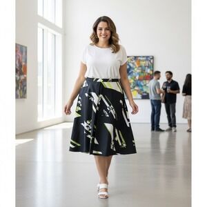 Lane Bryant Skirt Women Plus 22 Black White Green Abstract Floral A Line Midi‎